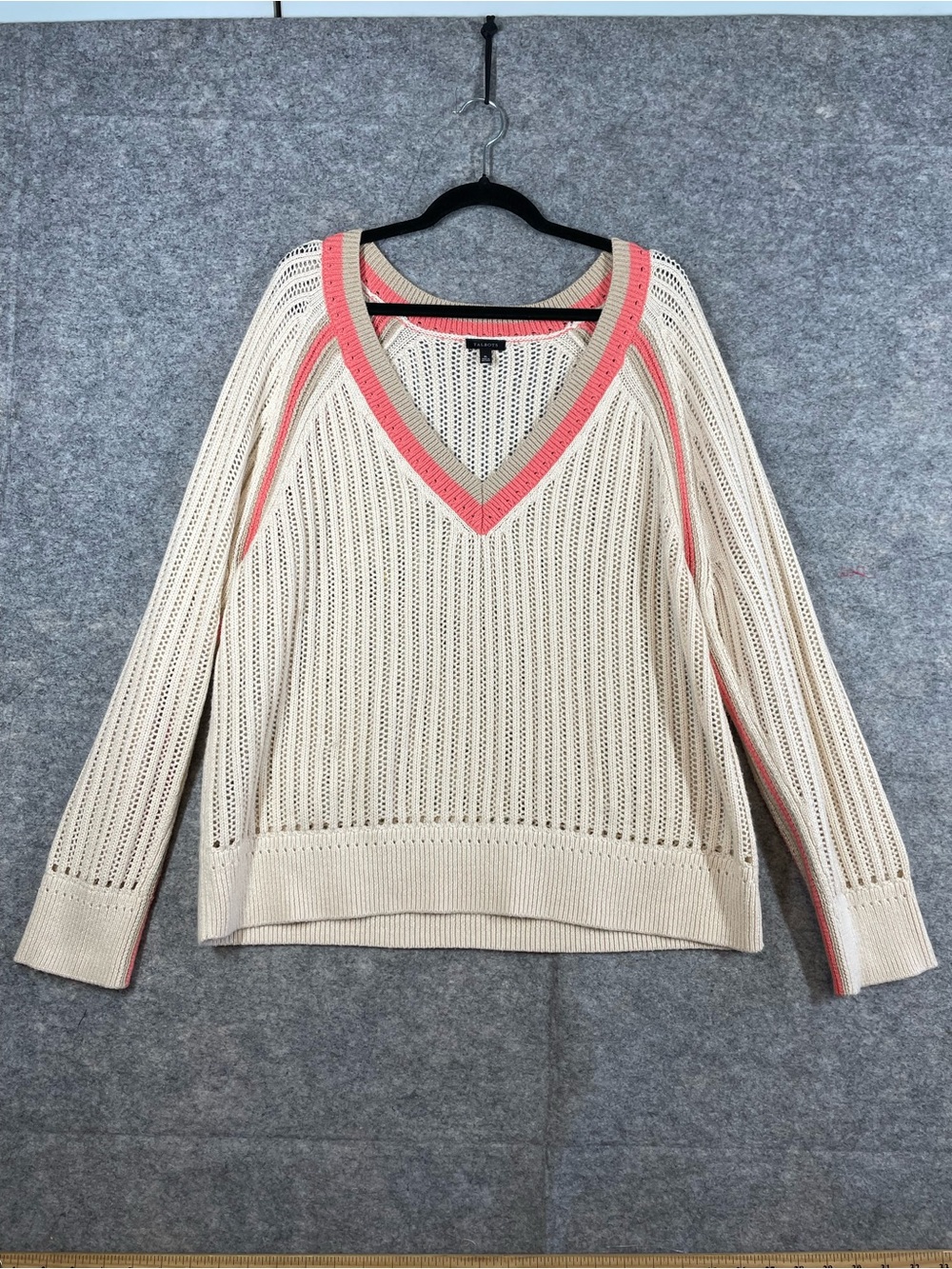 Talbots Ivory Pink Open Knit Sweater XL V Neck Coastal Preppy Nautical Chic